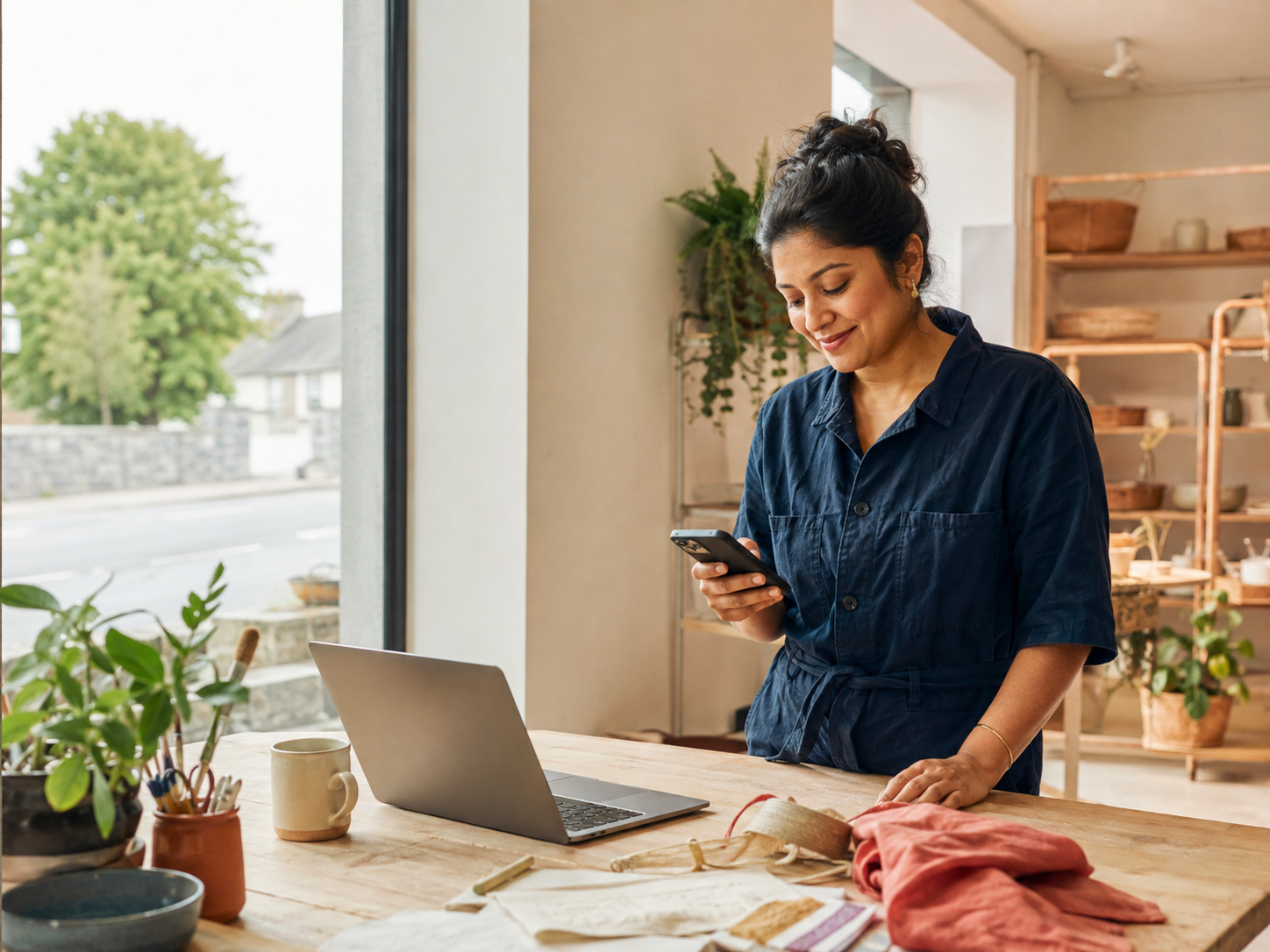 A small business owner using digital tools in her studio